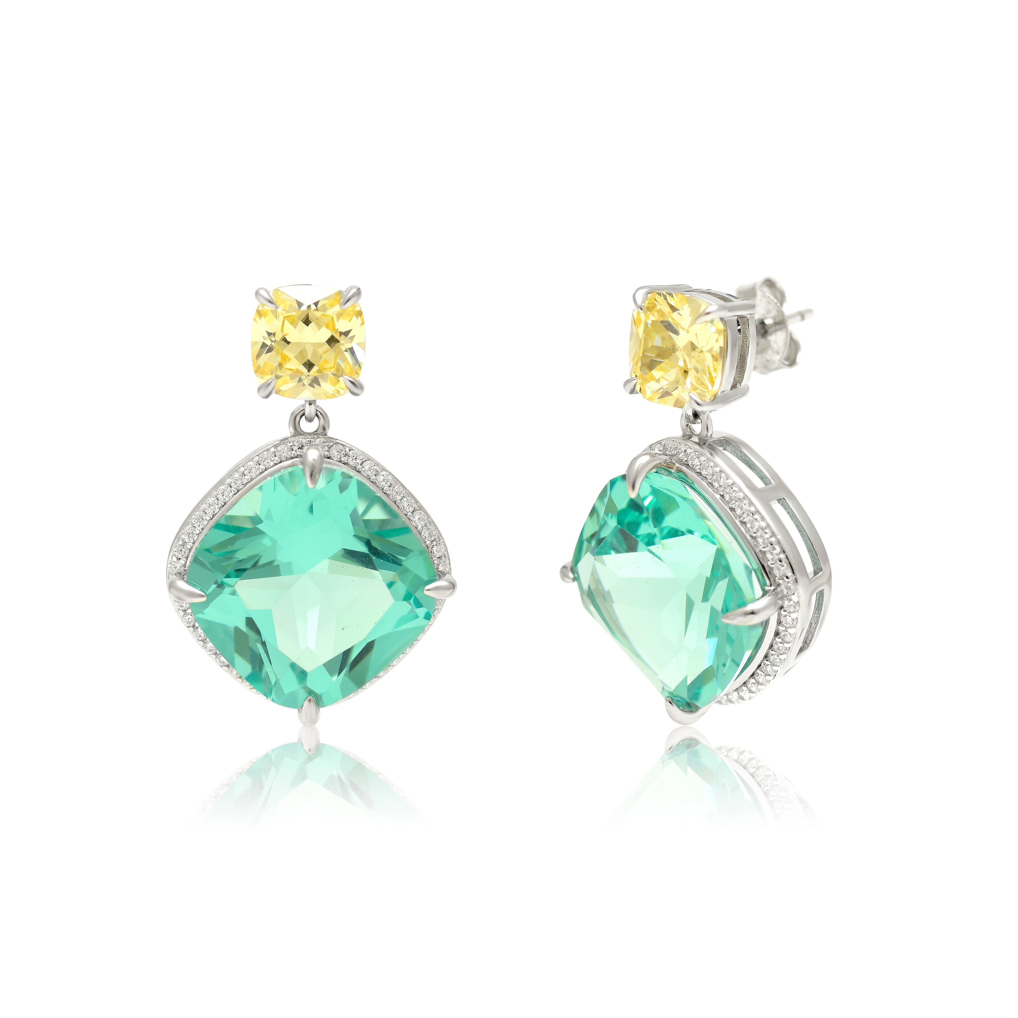 Emerald and Yellow Cushion Drop Earrings