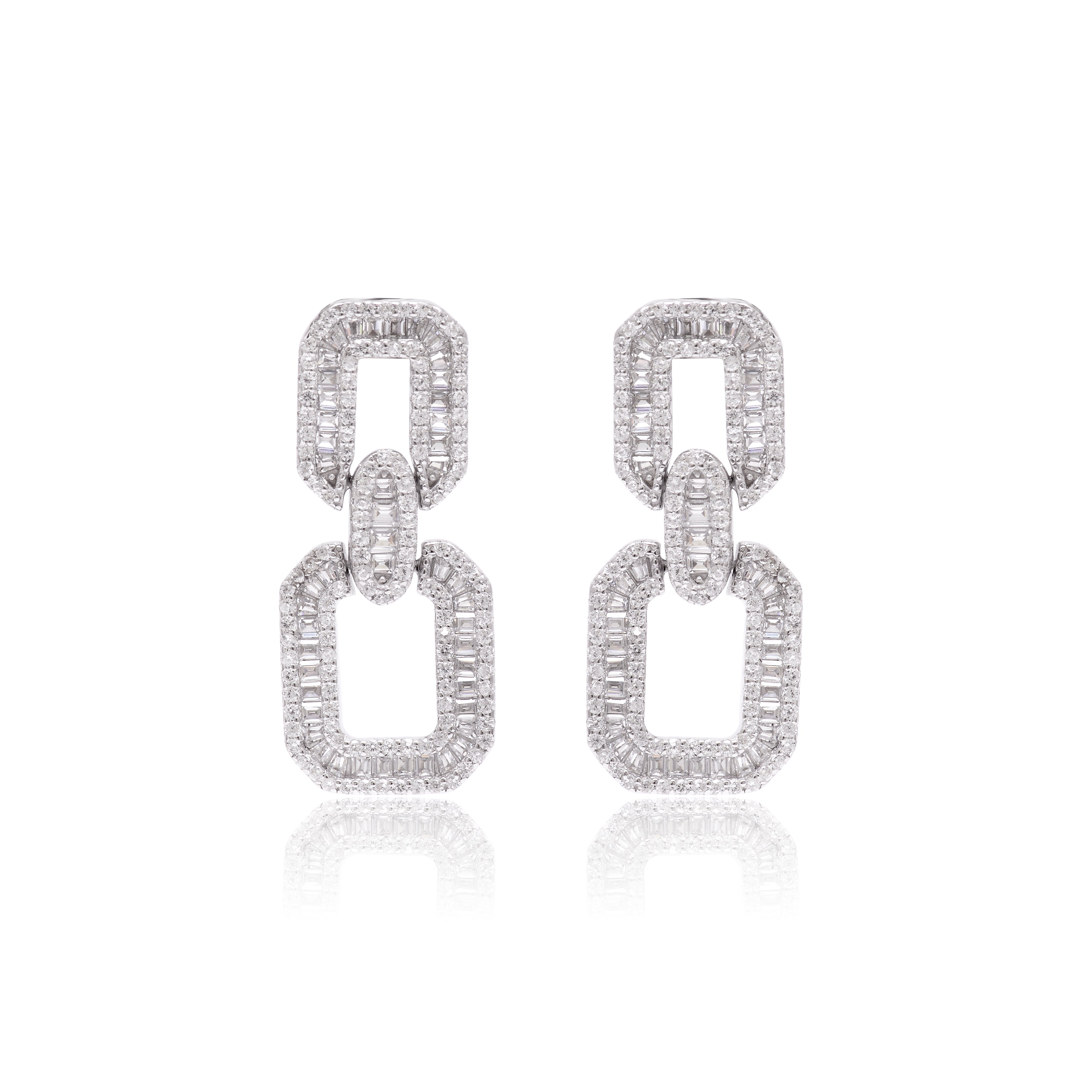 Baguette Link Earrings 925 Sterling Silver