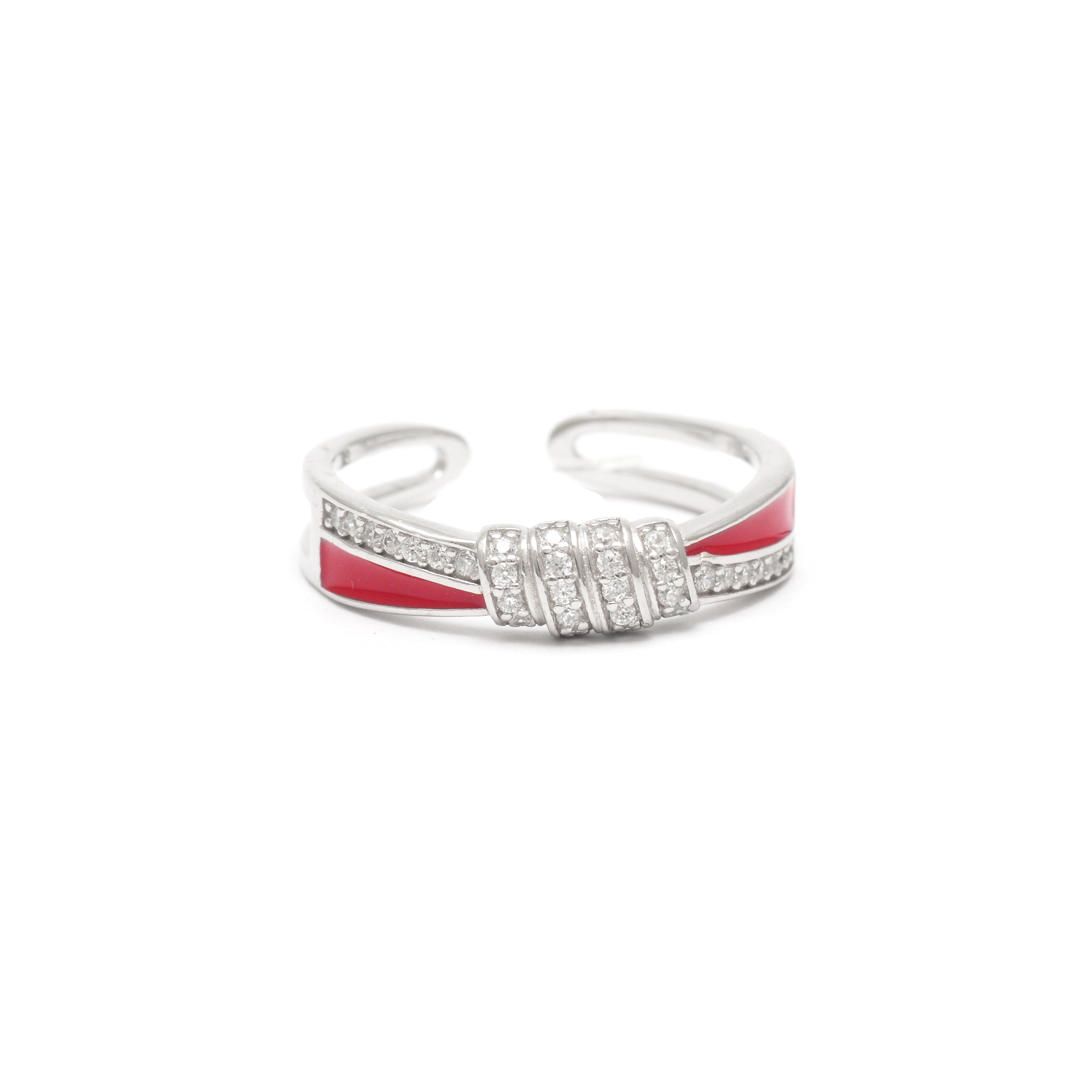 Red Enamel & CZ Cuff Ring 925 Sterling Silver