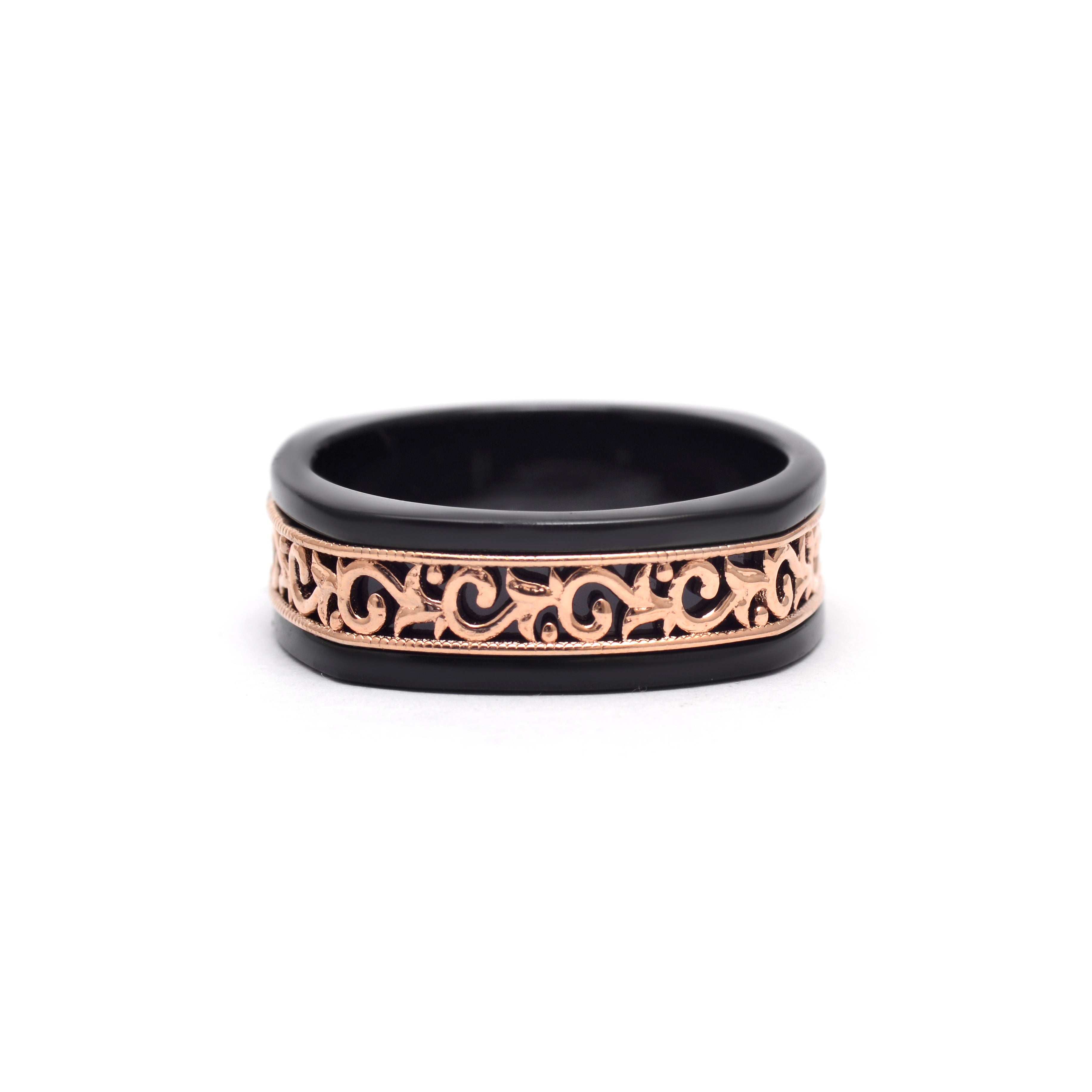 Black Ceramic & Rose Gold Filigree Band Ring 925 Sterling Silver