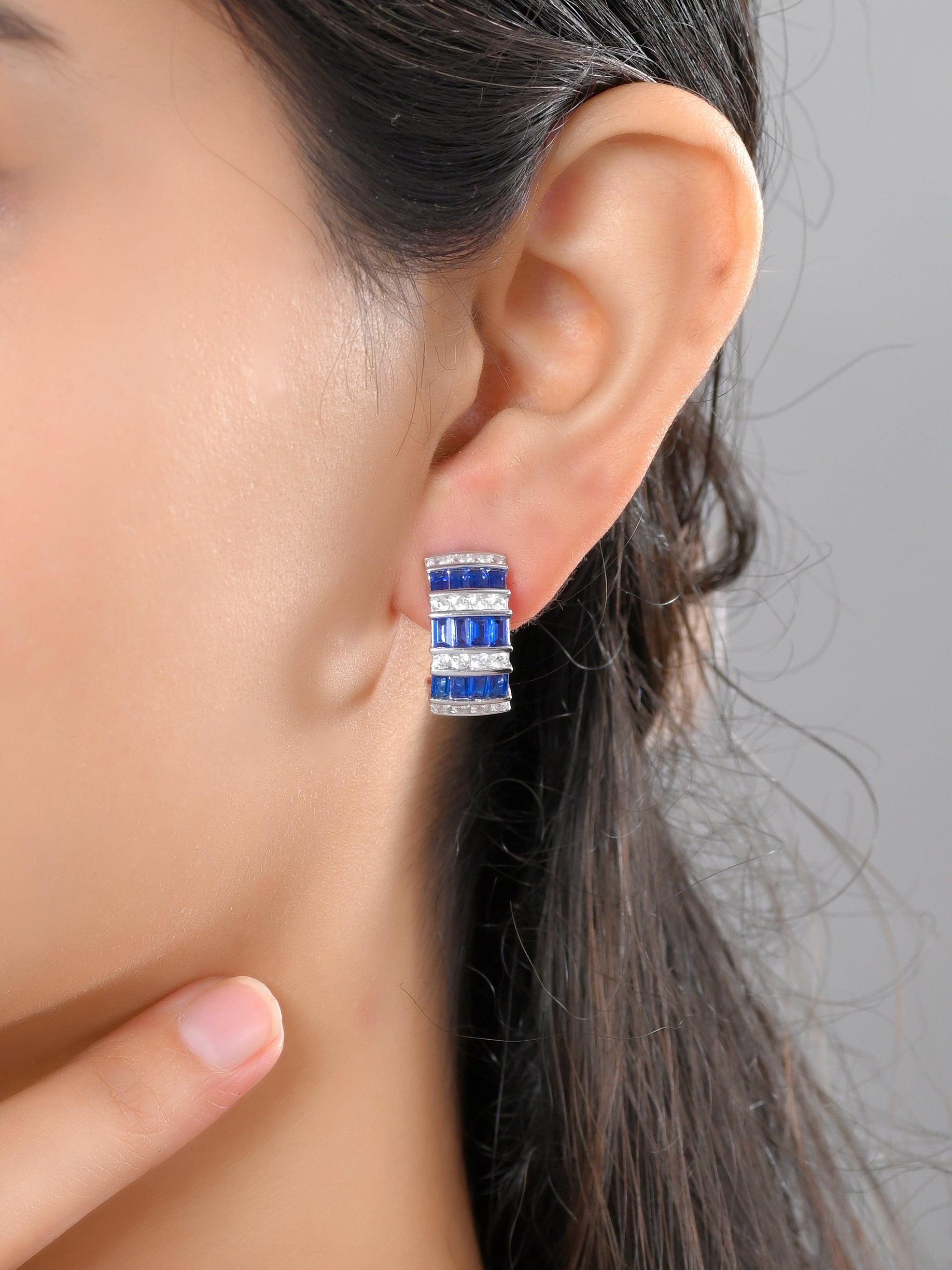 Blue Baguette Sterling Silver Hoop Earrings