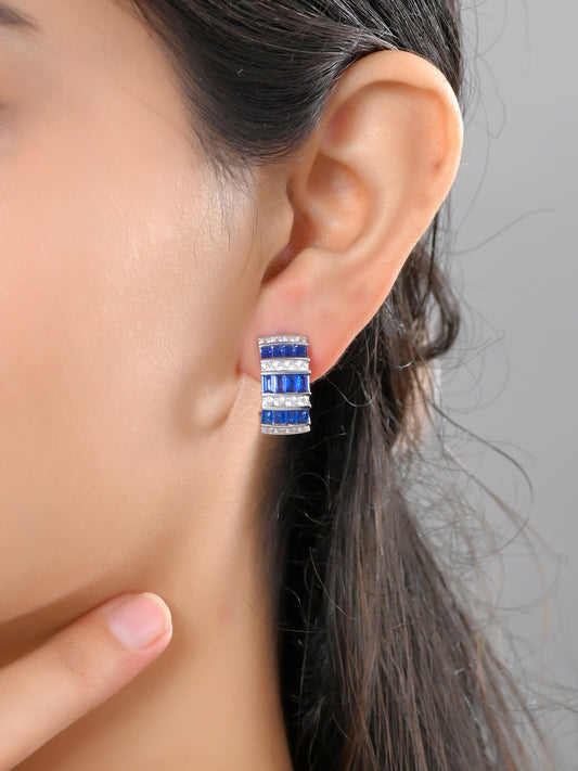 Blue Baguette Sterling Silver Hoop Earrings