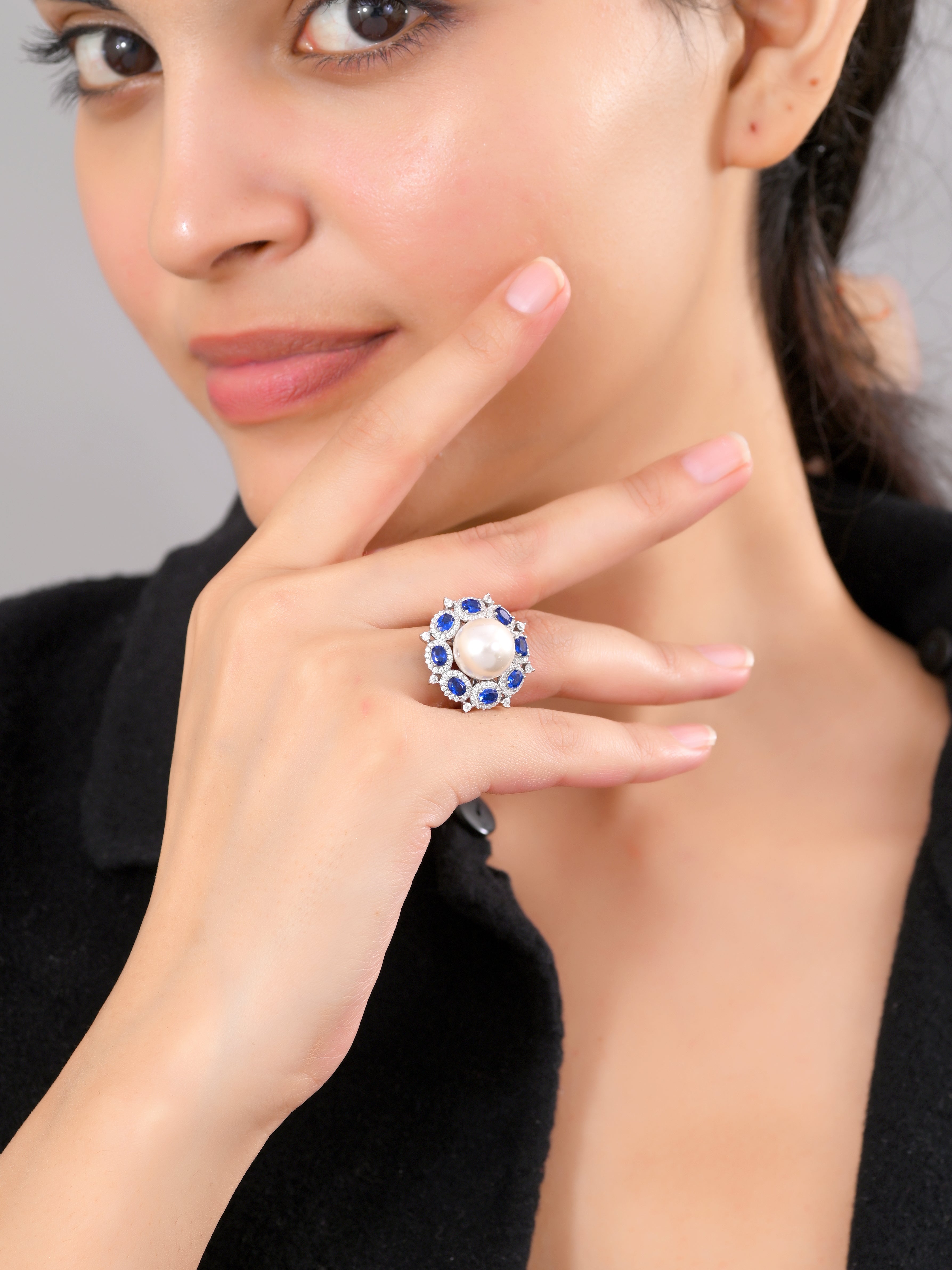 Vintage Pearl Sapphire Cocktail Ring in Sterling Silver