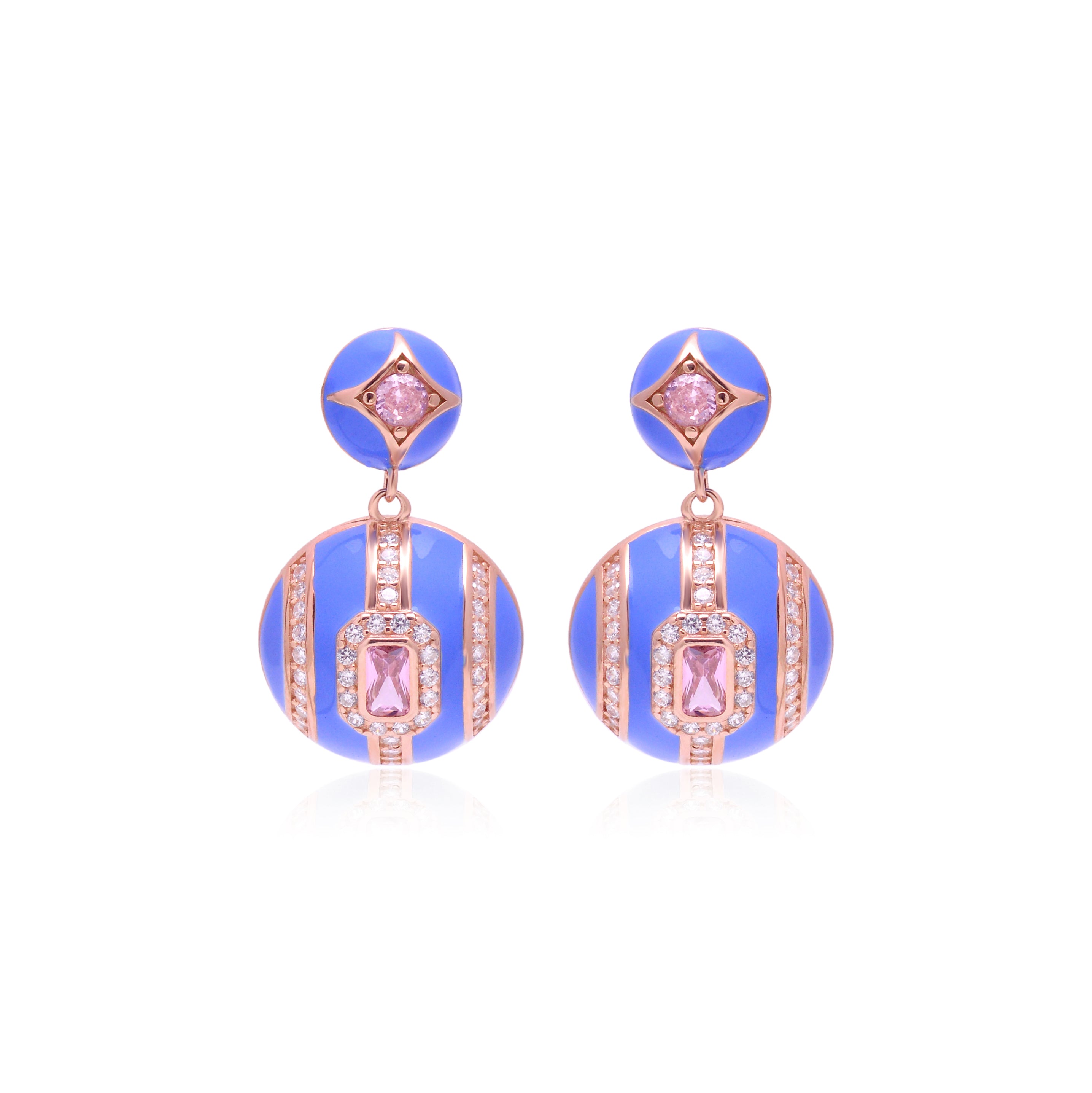 Periwinkle Blue Enamel Pink Stone Drop Earrings
