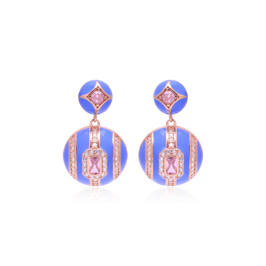 Periwinkle Blue Enamel Pink Stone Drop Earrings