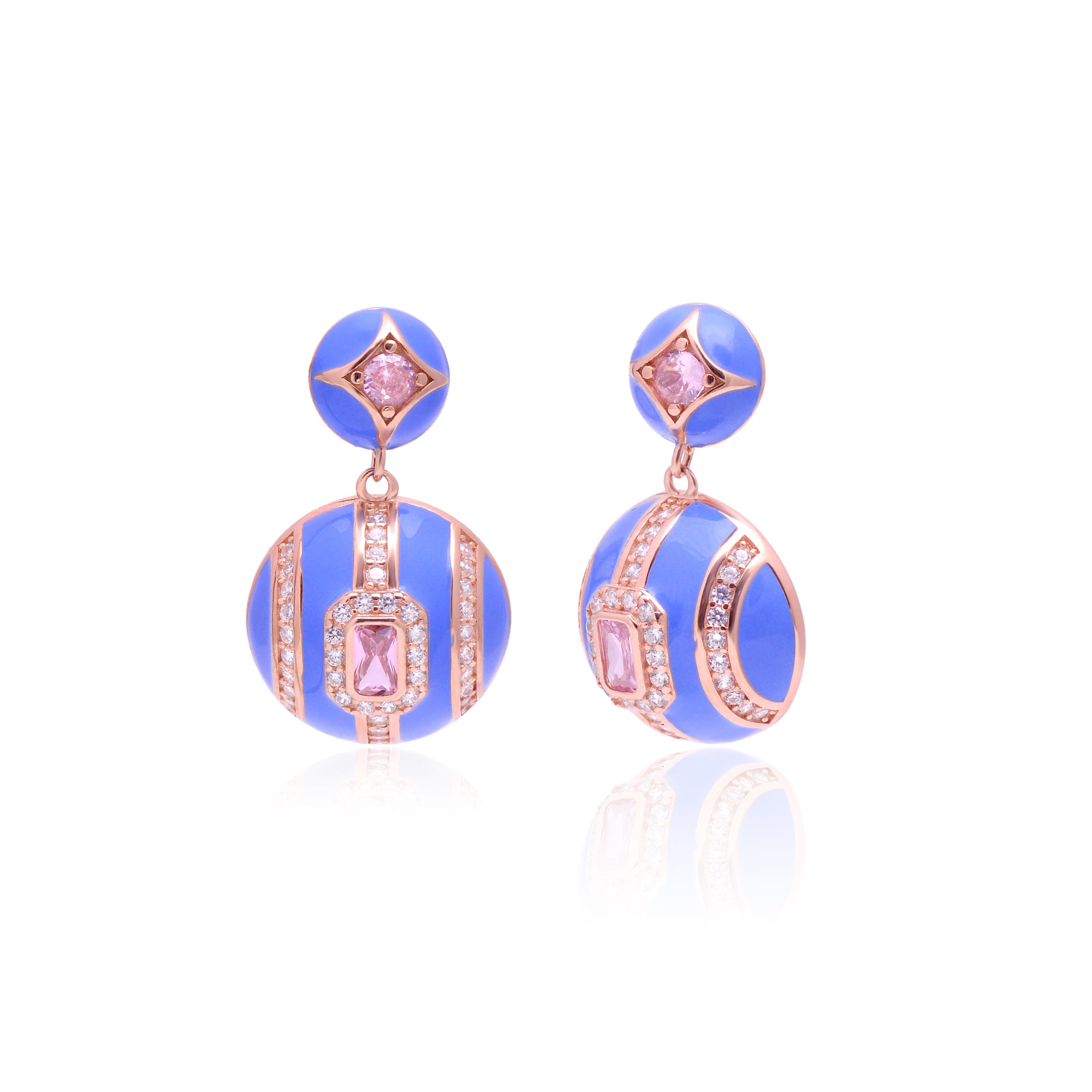 Periwinkle Blue Enamel Pink Stone Drop Earrings