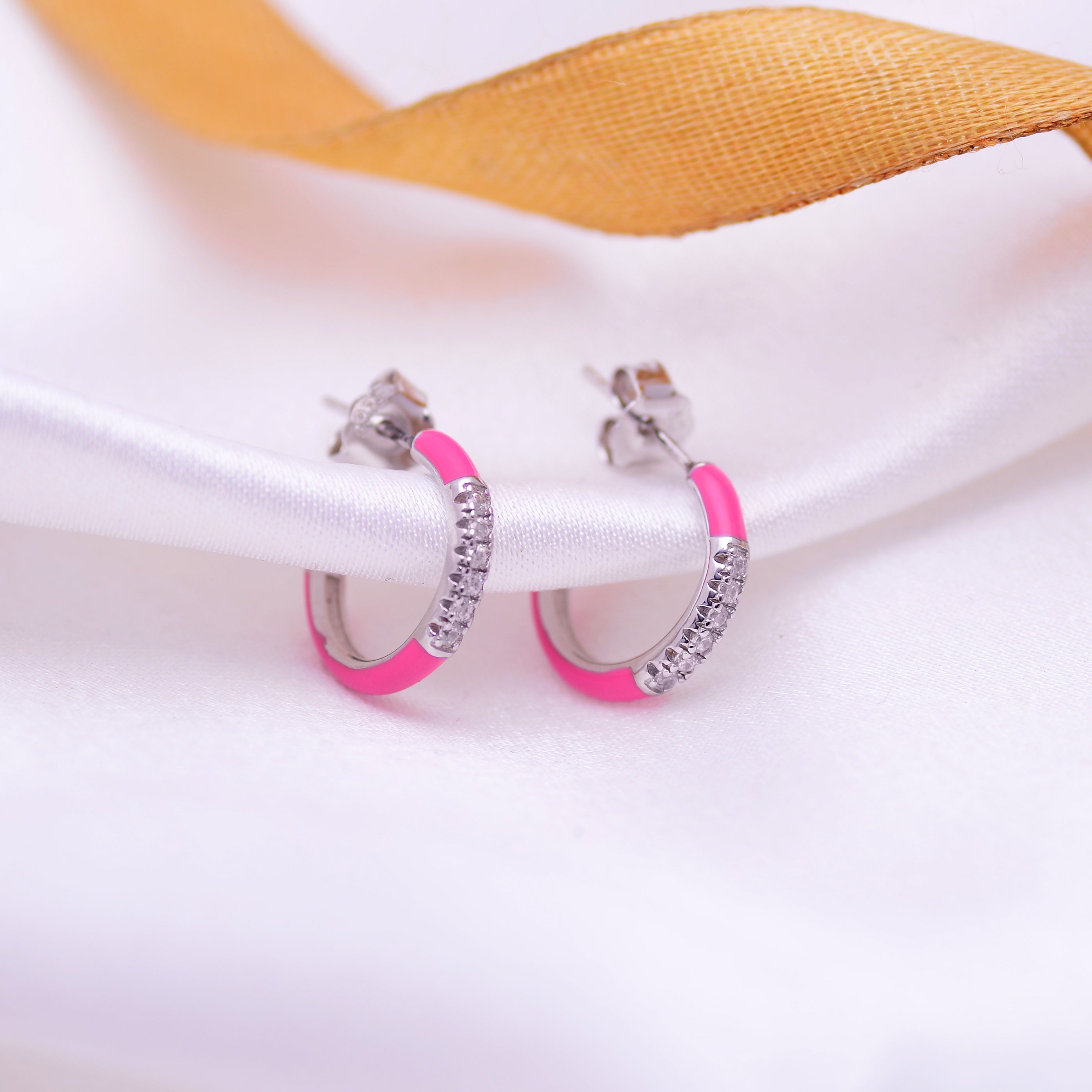 Vibrant Pink Enamel Hoop Earrings in 925 Silver