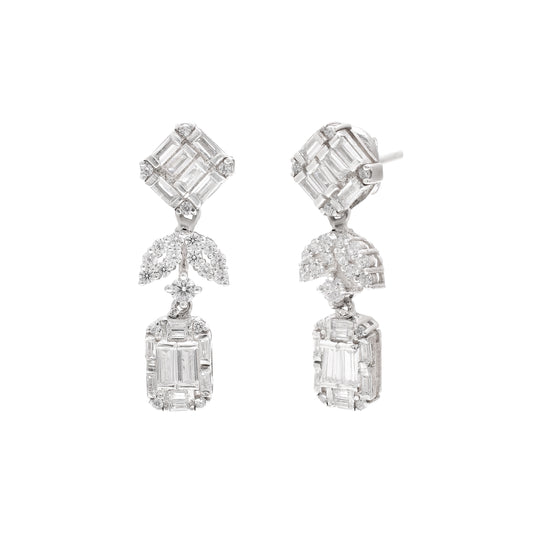 Baguette-Cut Diamond Leaf Drop Earrings