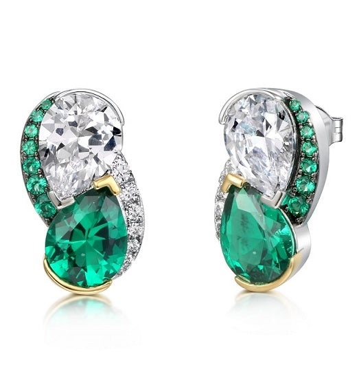 Emerald & White Stone Teardrop Stud Earrings