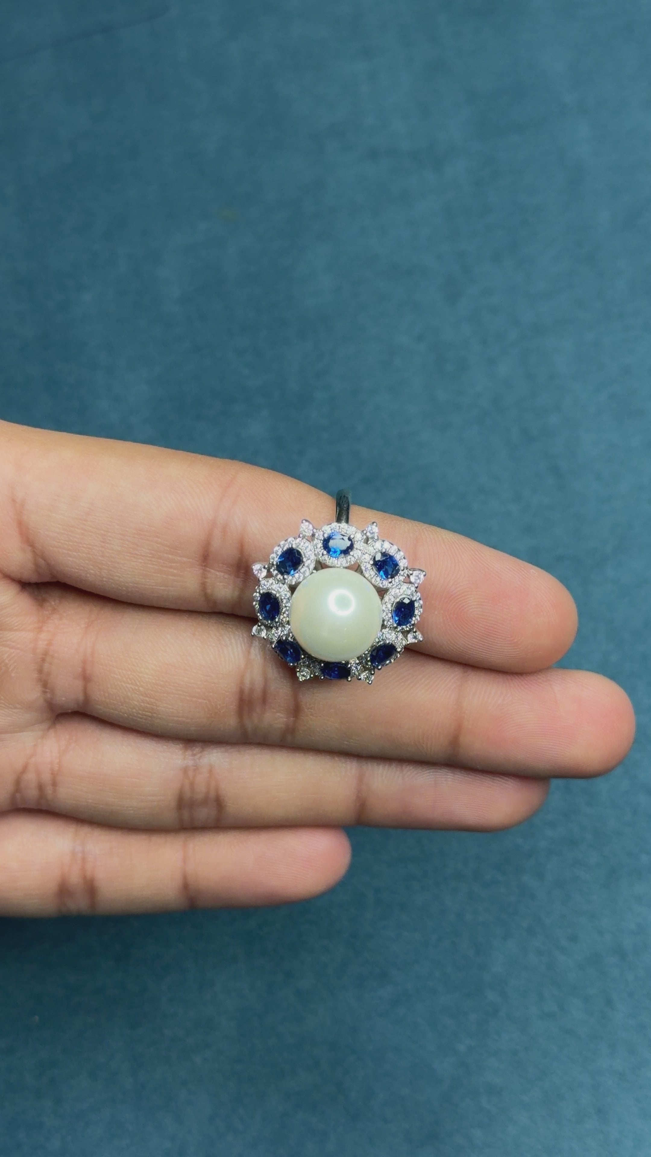Vintage Pearl Sapphire Cocktail Ring in Sterling Silver