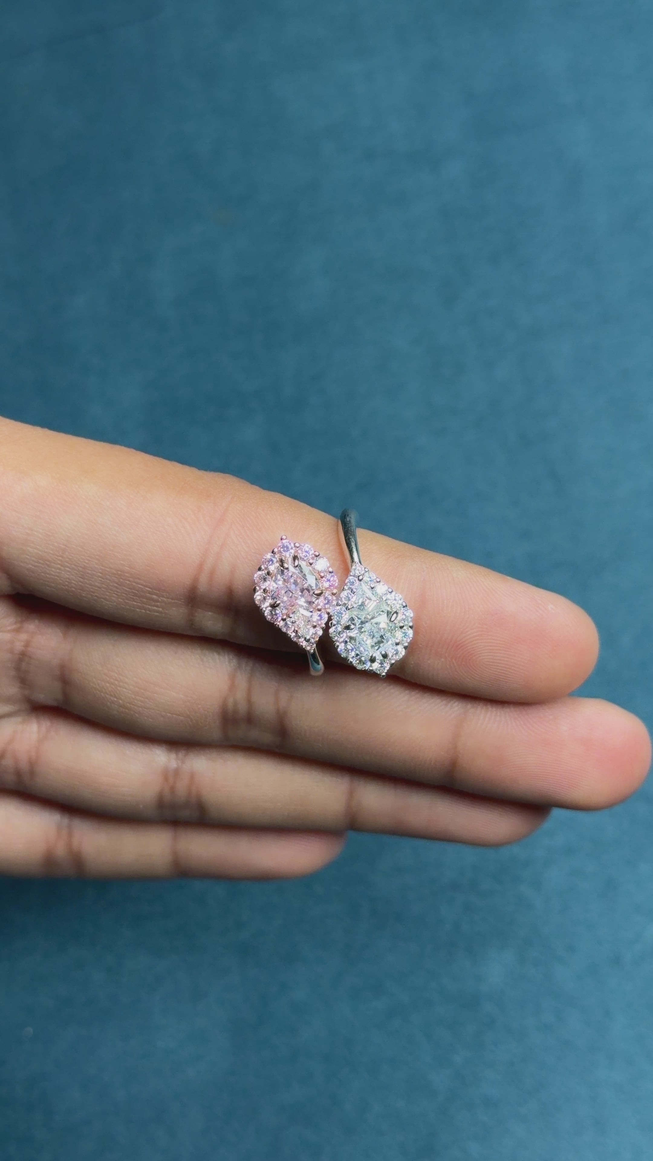 Toi et Moi Pear Diamond and Pink Sapphire Double Halo Ring