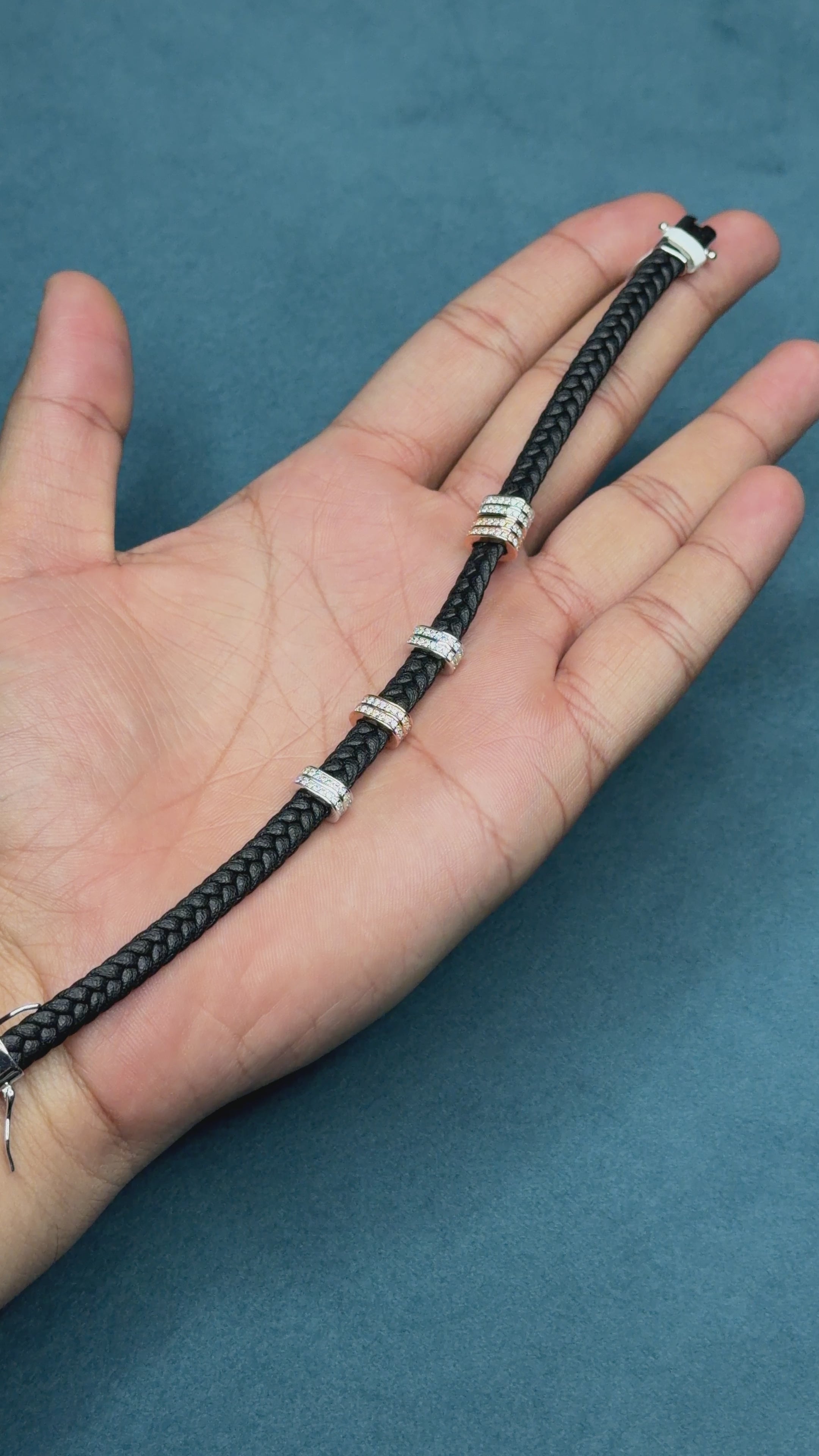Men's Black Leather Bracelet with Silver and Rose Tone Rings