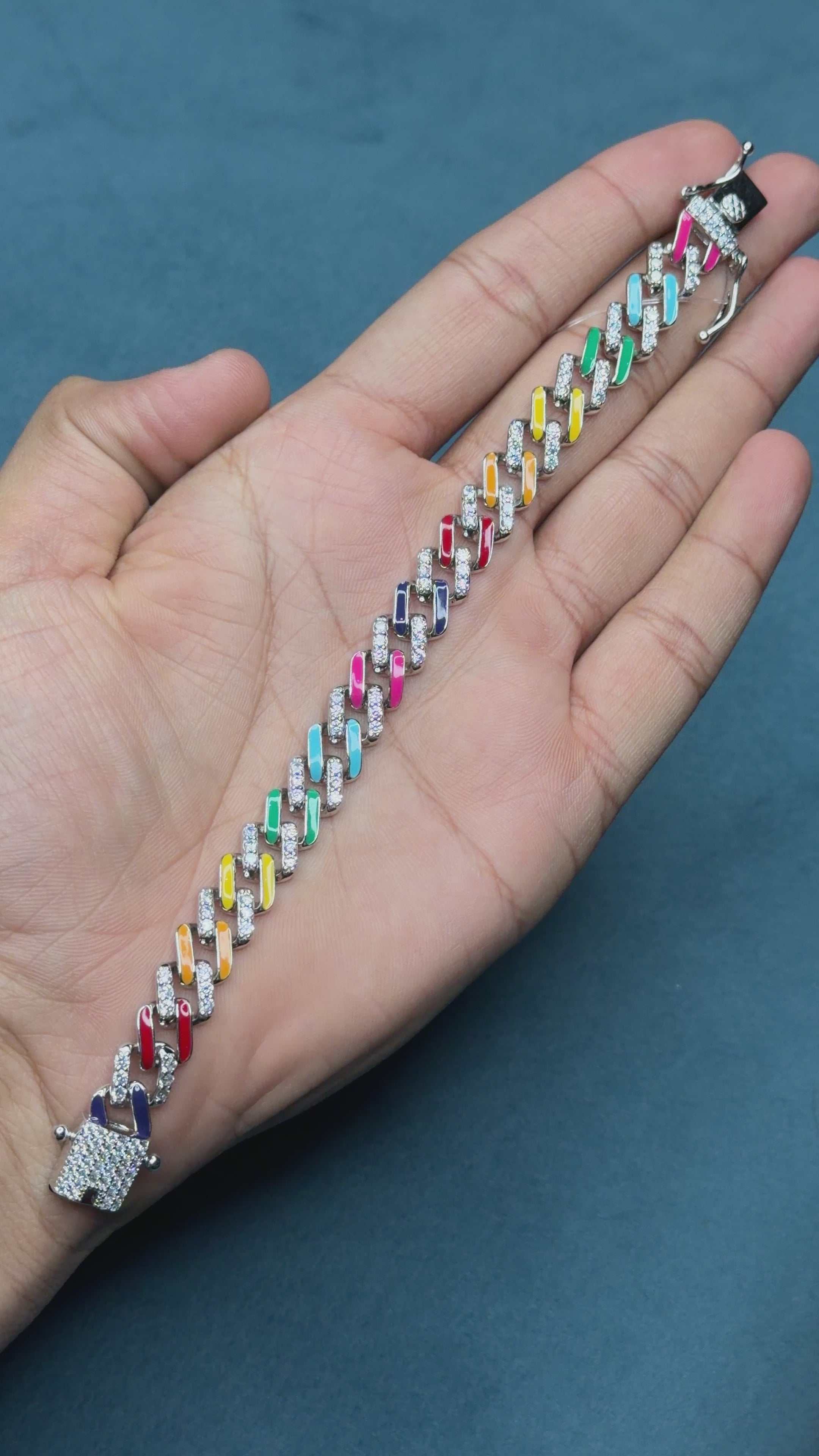 Rainbow Enamel Cuban Link Bracelet 925 Sterling Silver