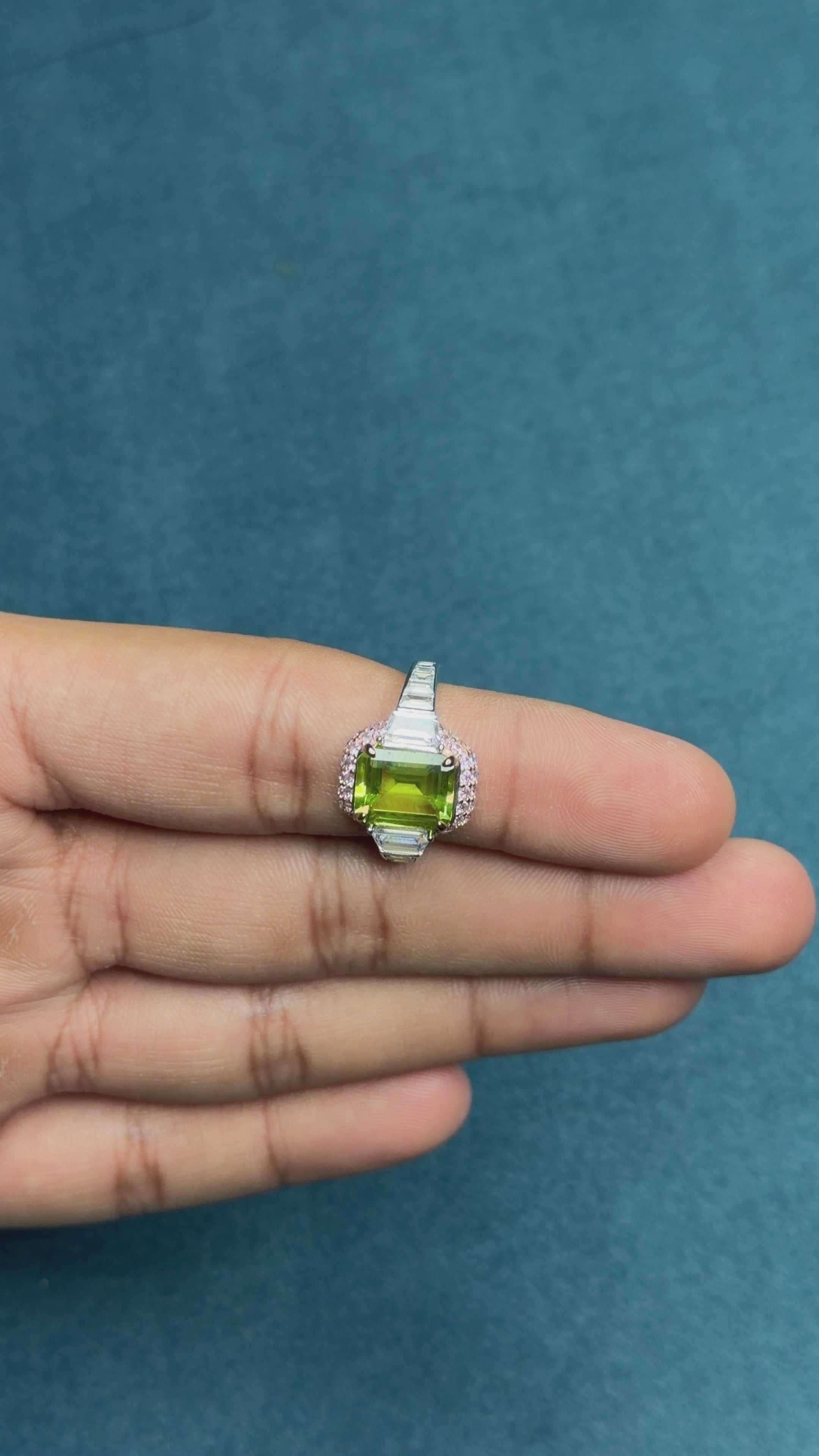 Emerald-Cut Green and Pink Halo Ring