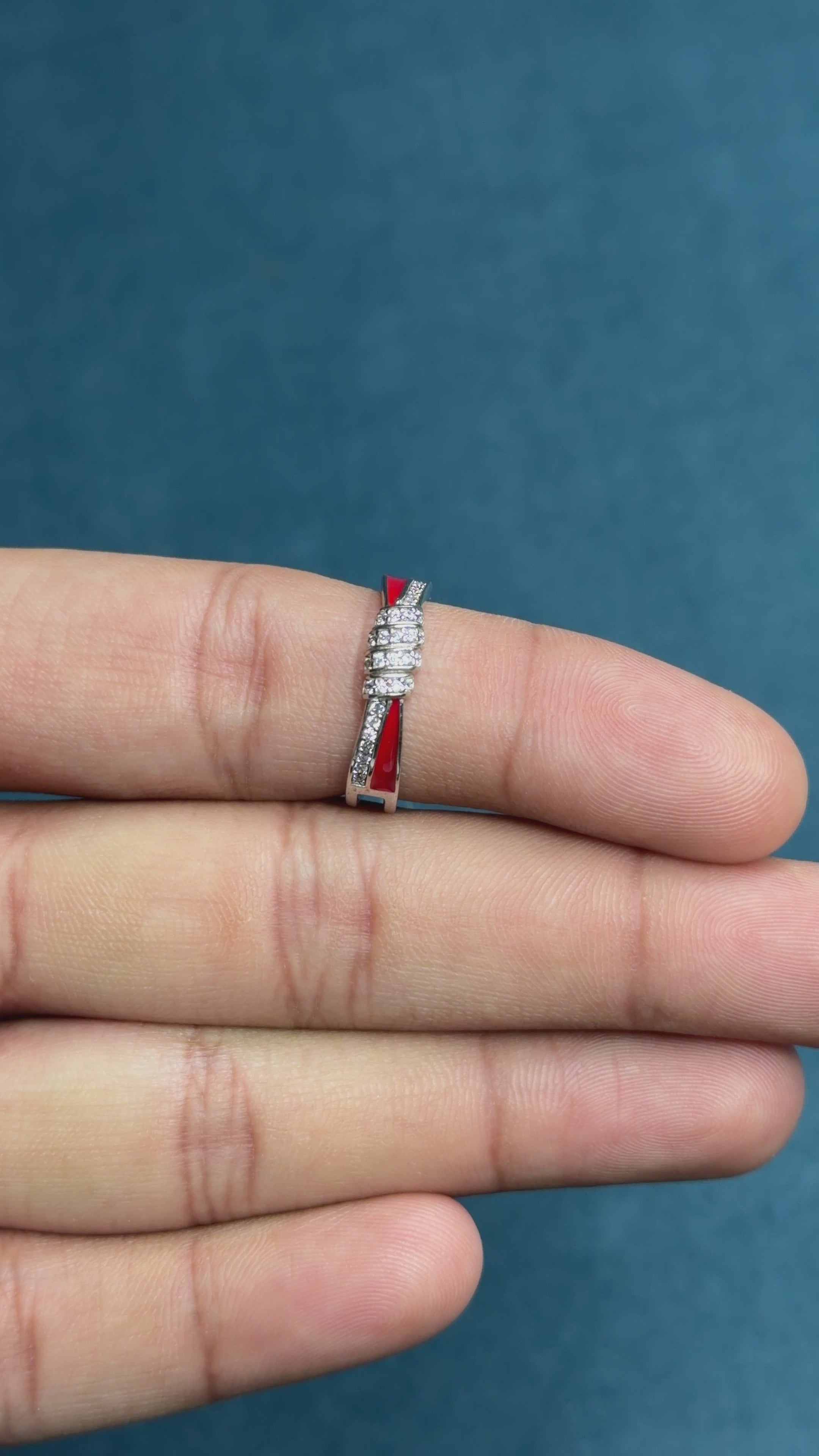 Red Enamel & CZ Cuff Ring 925 Sterling Silver