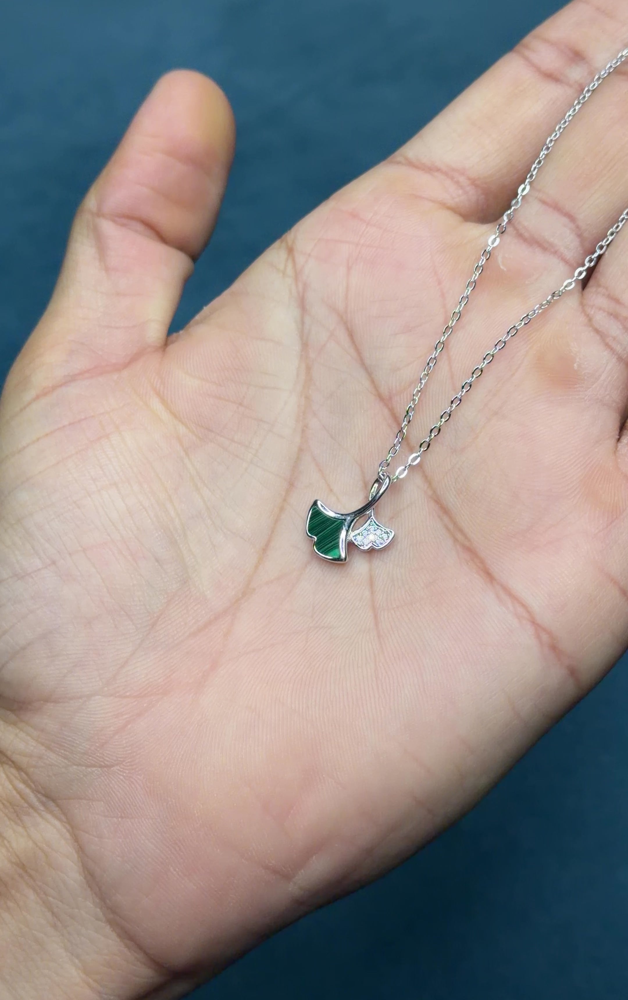 Green Ginkgo Leaf Pendant Necklace 925 Sterling Silver