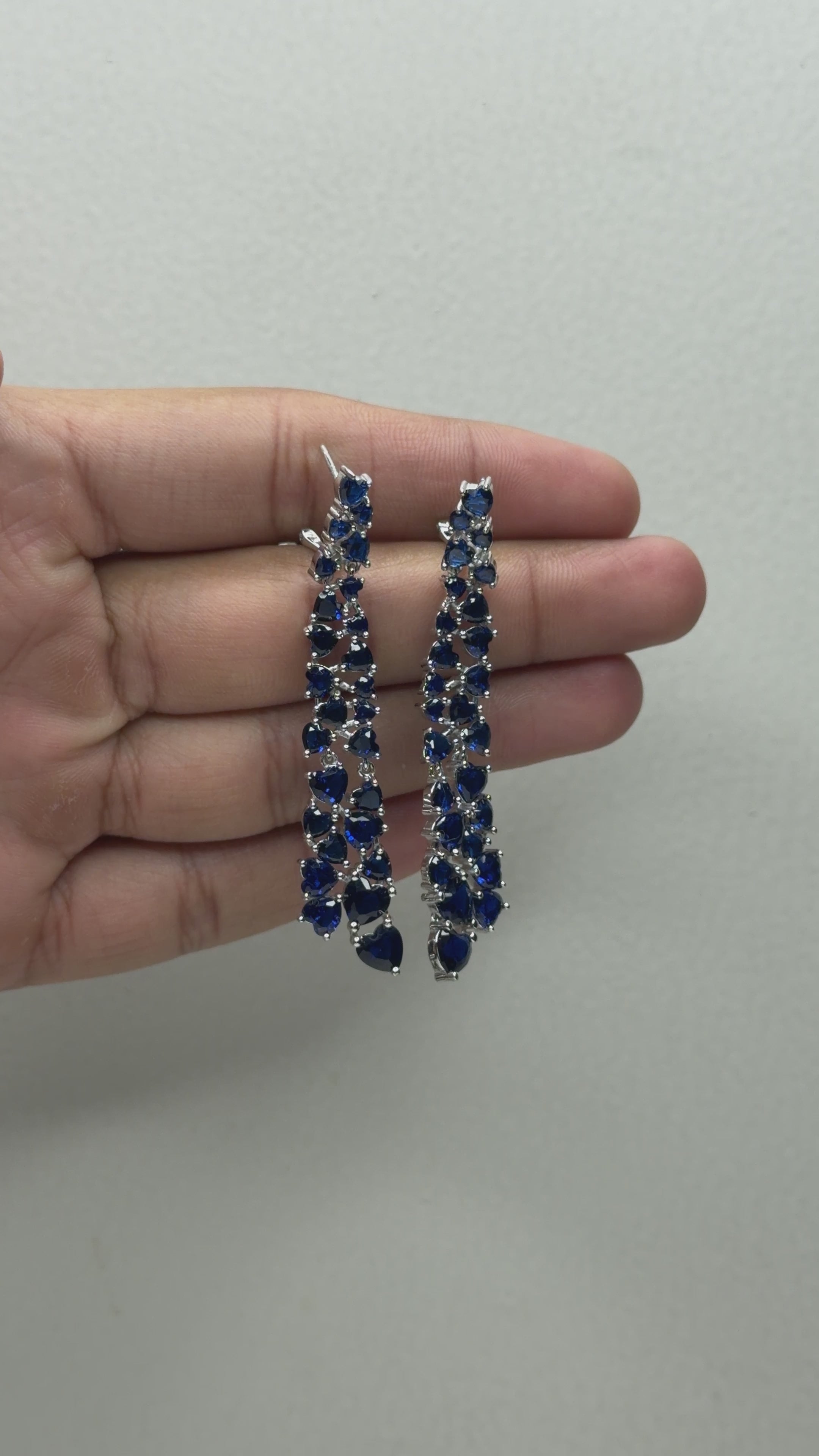 Blue Sapphire Heart Cluster Drop Earrings