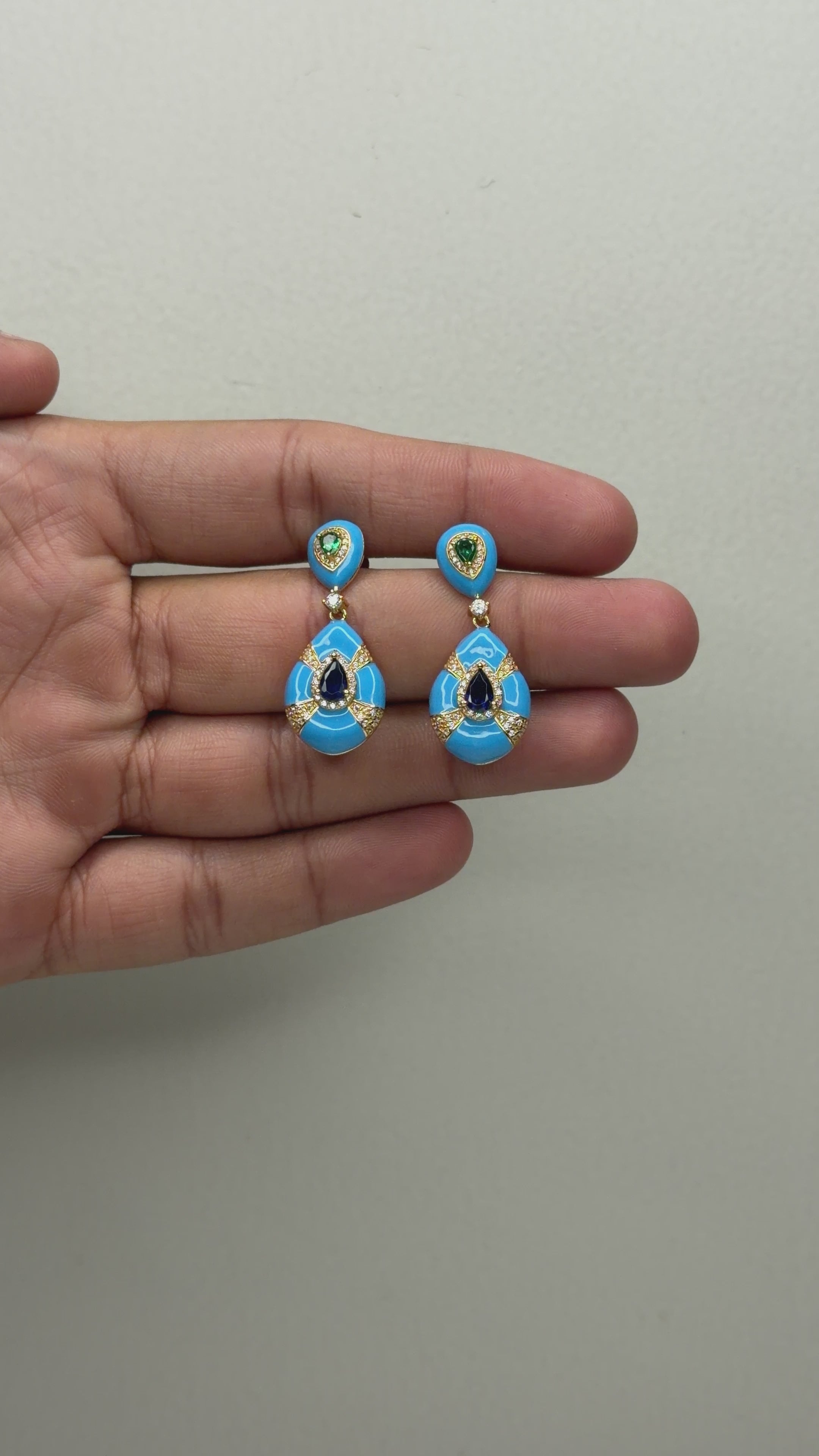 Turquoise and Sapphire Teardrop Statement Earrings in Gold Finish